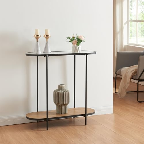 [en.casa] Konsolentisch Høyanger Beistelltisch Flurtisch Standregal Ablagetisch mit Glasplatte schmaler Einganstisch 80x80x30cm Schwarz/Eiche