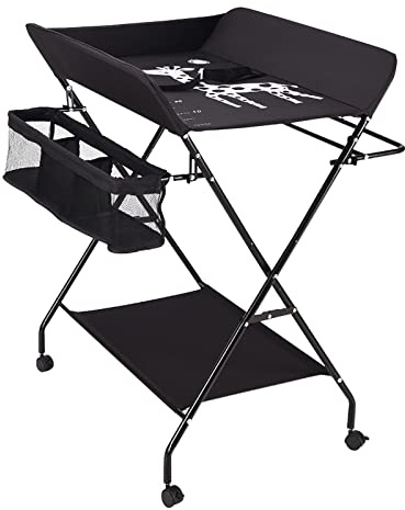 Baby Wickeltisch, Mobiler Klappbar Wickeltisch mit Stauraum, Höhenverstellbare Wickelkommode mit Rollen und Sicherheitsgurt Reisewickelkommode für Babys und Kleinkinder (Schwarz)