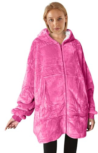 O³ Coperta con Cappuccio, Plaid con Maniche, Coperta indossabile in Pile, Felpa Oversize Donna, Blanket Hoodie - Confortevole e Morbido - Perfetto per Le Notti Invernali sul Divano (Rose Zipper M)