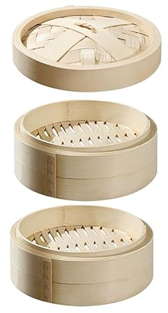 ANSNOW Bamboo Steamer, 2 Tiers & Lid, Handmade Steam Basket, Chinese Natural Rice Cooking Cooker, Traditional Designy Cooking for Dumplings, Vegetables, Chicken, Fish (9 Sizes)/2 Tiers/22Cm