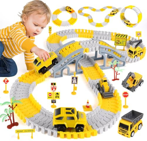 Construction Race Track Toys, Create A Engineering Road Games for Kids Toys, Flexible Track PlaySet and 2 Electric Cars 4 Construction Cars for 3 4 5 6 7 8 Year Old Boys Girls Gift