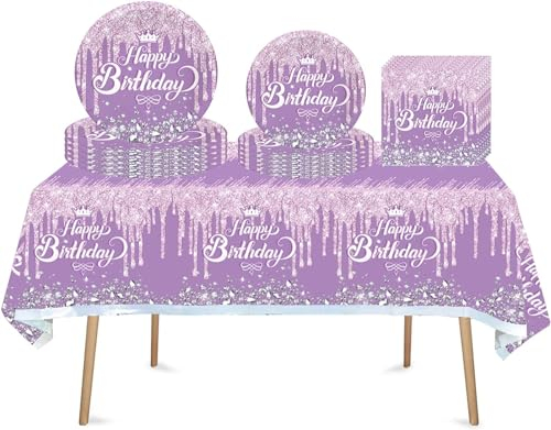 Ensemble Vaisselle Fête d'Anniversaire 41 Pièces pour Fille - Décorations Violettes avec Assiettes, Gobelets, Serviettes - Jetable Enfant & Femme - Nappe Incluse