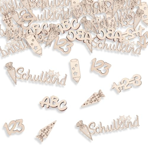 60 Stück Einschulung Deko, Holz Schulkind Konfetti Tischdeko, Schulanfang Deko Junge & Mädchen, Stift Zuckertüten Streudeko Konfetti, ABC 123 Zuckertüte Confetti, für Schulanfang Tischdeko Einschulung