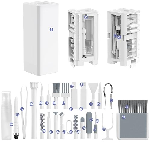 Kit de limpieza electrónica 32 en 1 para teléfono, auriculares, teclado y lente de cámara | Limpiador de puertos de carga | Compatible con iPhone, AirPods, dispositivos Android, laptop y monitor | Limpieza todo en uno