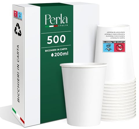 Perla, 500 Pappbecher, 200 ml, umweltfreundlich, biologisch abbaubar, geeignet für kalte und heiße Getränke, hergestellt und verpackt in Italien, hergestellt in Italien (weiß)