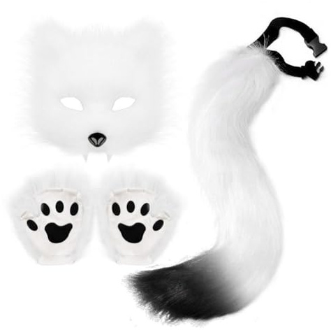 G1N7 Ensemble de masques en fourrure duveteux avec motif de pattes et gants de loup Therian pour Halloween, ensemble de masques et de costume