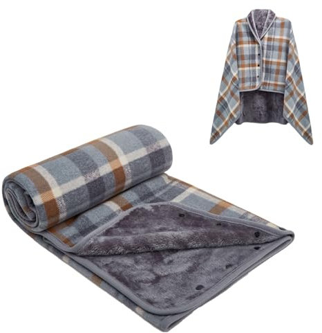 SIVENKE Poncho de Forro Polar para Mujer, Manta Portátil a Cuadros, Bufandas y Envoltorios con Botones para Cama, Sofá, Oficina
