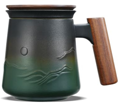 ZENS Tea Infuser Mug with Lid, 430ml Tea Cup for Loose Leaf Tea, Green | Embossed Ceramic Tea Strainers Cup for Loose Tea Diffusers, Wood Handle Mug for Tea Lovers Gifts