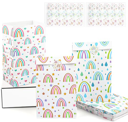 Deepton 18 x Papiertüten, Geschenktüten Kindergeburtstag mit 30 Aufkleber | Mitgebsel Tüten Kindergeburtstag, Papiertüten Klein, Candy Tüten zum Hochzeit, Party, Einschulung, Giveaways, Regenbogen