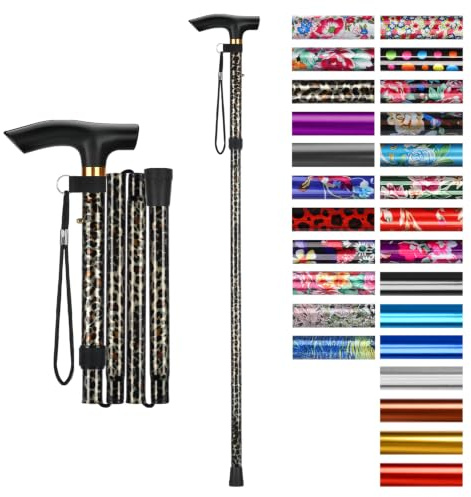 supregear Canne Pliante, Hauteur Réglable à 5 Niveaux Canne de Marche Légère Portable Bâtons de Voyage avec Dragonne et Poignée en T pour Personnes Âgées Handicapées Hommes Femmes