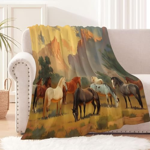 3D Ölgemälde Kuscheldecke Flauschig Flanell Decke, Wüste Pferde Drucken Microfaser Weich Warm Plüsch Fleecedecke, Sofadecke Wohndecke Bettdecke Tagesdecke (130x150cm)