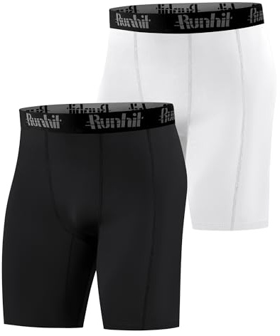 Runhit 1 or 2 Pack Mens Compression Shorts, Anti Chafing Underwear Moisture Wicking Tights Base Layer Shorts Quick Dry Spandex Fabric Sport Pants for Running Cycling Gym Black/White L