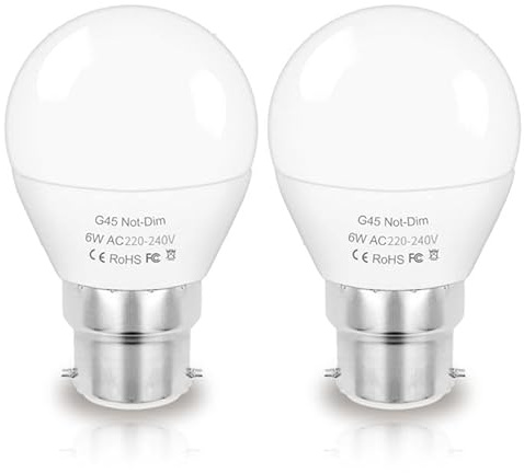 ZHENMING B22 Bayonet Light Bulb B22 G45 LED Bulb Warm White 3000K 6W Golf Ball Halogen Lamp 60W Equivalent 220V No-Dimmable Energy Saving Light Bulbs, Pack of 2