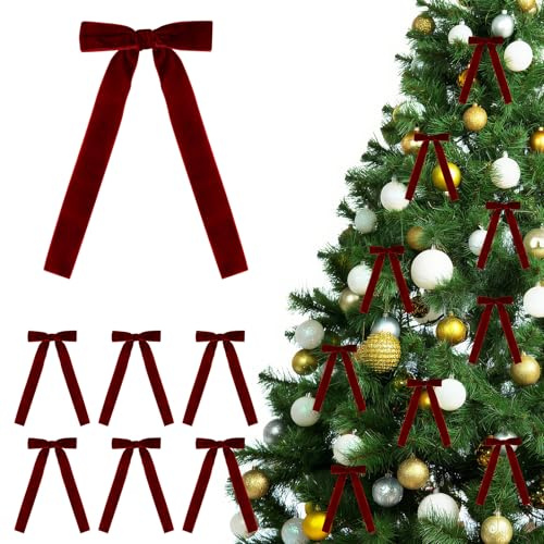 Binlava 12 Stück Weihnachten Schleifen, Weihnachtsbaum Bögen Weihnachtsdeko, Tannenbaum Schleifen Samt, Geschenkschleife, Retro Rote Schleife Weihnachtsbäume, Kränze, Treppen(Weinrot)