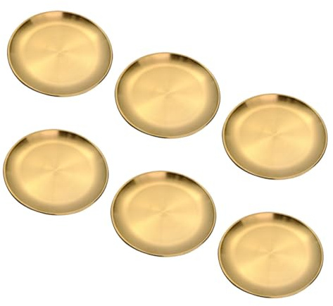 VANZACK 6 Assiettes de Camping Dorées en Acier Inoxydable, Assiette de Présentation Doré, Réutilisables, Bords Lisses, Lavables au Lave-vaisselle pour Pique-niques et Fête