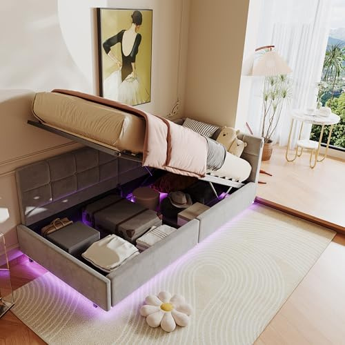 BPKADHY Polsterbett Schlafsofa 90x200 cm mit USB-C & LED, Jugendbett 90x200 mit Hydraulisch Stauraum, Kinderbett Tagesbett Bettgestell mit Lattenrost, Samt, Grau, Ohne Matratze (Grau-A, 90x200cm)