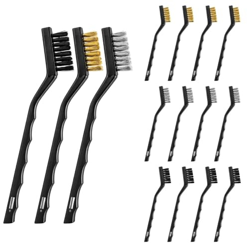 15 Stück Mini Drahtbürste Mit Edelstahl, Messingbürste Klein, Edelstahl Drahtbürsten Set mit schwarzen Griffen, für Reinigung und Rostentfernung, Metallwerkstücken, fettigem Schmutz, Schweißschlacke