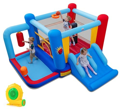 COSTWAY Castello Gonfiabile per Bambini con Soffiatore 550W, Casa Gonfiabile con Palo da Boxe, Trampolino, Doppio Scivolo, Piscina di Palline e Canestro da Basket, per Bambini 3-12 Anni