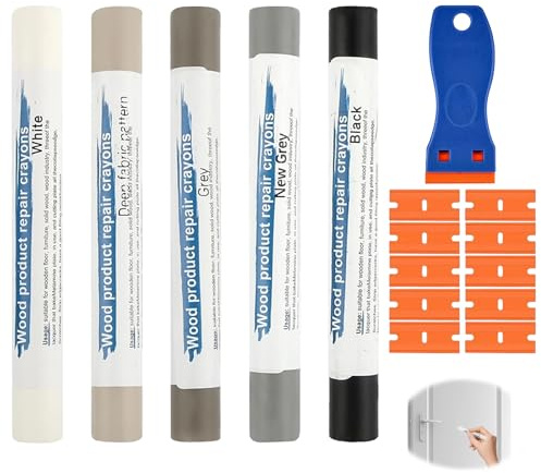 Kit Reparation Parquet 5 Couleurs Gris, Pate a Bois Rebouchage avec Spatule et Lames, Mastic Bois pour Stratifie, Enduit de Rebouchage pour Meubles, Sols, Portes, Kit Reparation Carrelage