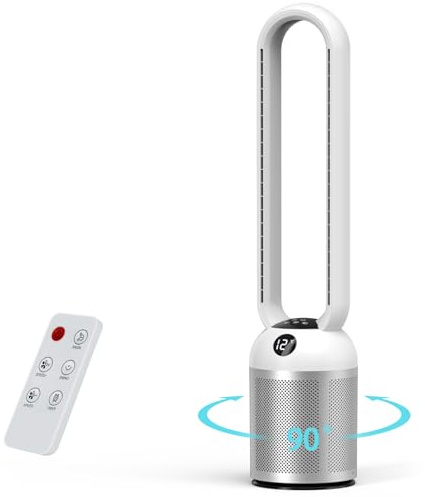 Husgw Bladeless Quiet Tower Fan- 24 Speeds Pedestal Fan Energy-Saving DC Motor with Remote Control, 12H Timer, LED Display, Anion Air Purifier, 90° Oscillation, Cooling Fan for Bedroom, Home, Office