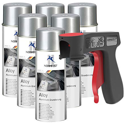 AUPROTEC Pistolengriff + Normfest Aluminium Grundierung Alloy Alu Grund Aluspray 600°C hitzebeständig Spray 6x 400ml