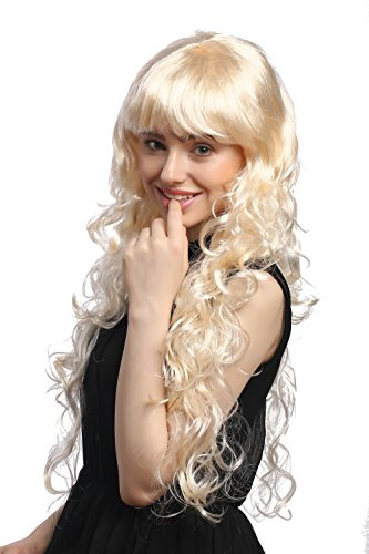 WIG ME UP - 1644-P88 Perücke Damen Karneval Fasching sehr lang lockig wellig Locken Pony Hellblond Blond 75 cm