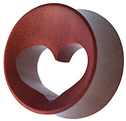 CHICNET Damen Herren Flesh Tunnel Plug Ohr Piercing aus Holz in rotbraun, Herz ausgestanzt, konkav, Double Flared, Herztunnel, Herzchen, 6mm bis 25mm