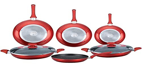 Herzberg Batterie de cuisine - lot de casserole induction - set casserole et poele tous feux - Batterie de cuisine revetement pierre 8 pieces rouge Tous Feux HG6010-RED