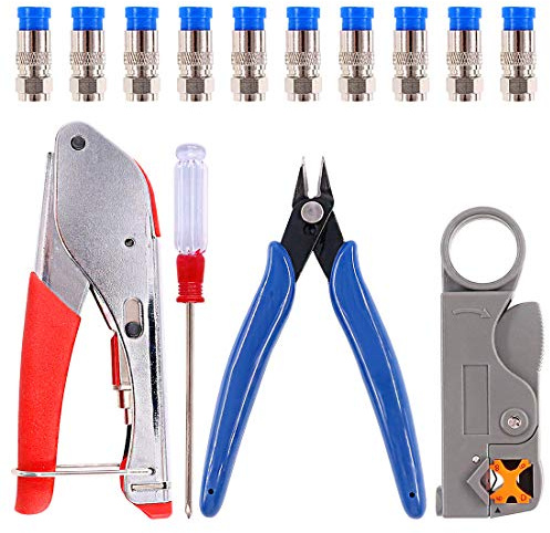 Swpeet 14Pcs Cable Tool Kit - Crimper, Stripper, Connectors for RG59, RG6, BNC, RCA