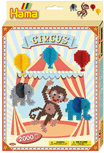 Hama Perlen 3442 Geschenkset Zirkus mit ca. 2.000 bunten Midi Bügelperlen mit Durchmesser 5 mm, Stiftplatte, inkl. Bügelpapier, kreativer Bastelspaß für Groß und Klein