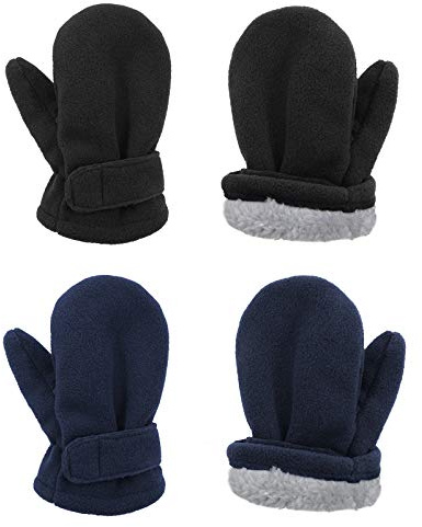 American Trends 2 Pairs Toddler Mittens Unisex Lined Fleece Gloves Winter Warm kids Mitten for Baby Boys and Girls, Black&navy, M(Fits 1-2 years)