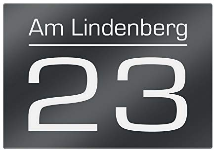 Hausnummer Anthrazit RAL 7016 mit Gravur - Hausnummernschild mit Straßenname, Zahl, Ziffer - Schild inkl. fischer Dübel Schrauben Set - Türschild ist witterungsbeständig - 200x140mm Variante 1