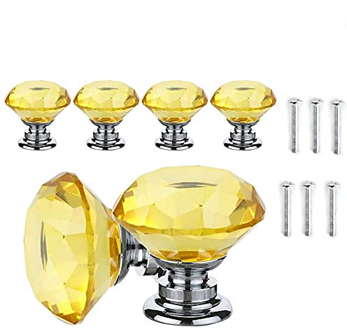 ANSIEDIO Yellow Crystal Drawer Knobs - 6 PCS 30MM Glass Drawer Handles Crystal Cupboard Knobs Diamond Pulls with Screws for Kitchen Office Chest Cabinet Drawer