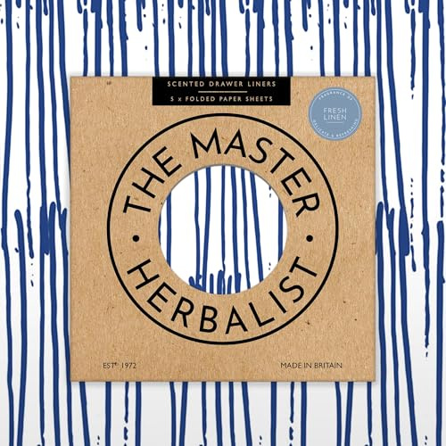 The Master Herbalist Fragrant Scented Drawer Liners (Folded) | Pack of 5 Sheets | Contains Essential Oils | Made in The UK (Fresh Linen (Japanese Pen in INK BLUE), Folded)