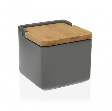DRW Salero original cerámica cuadrado con tapa madera 12x12x12 cm (Gris)