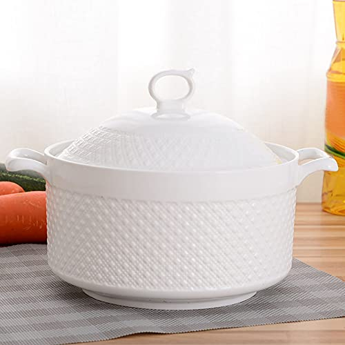 Hengqiyuan Double Handle Lid Pure White Ceramic Tureen Soup Ceramic Round White Dish Casserole/Clay Pot/Earthen Pot/Ceramic Cookware 2.2L