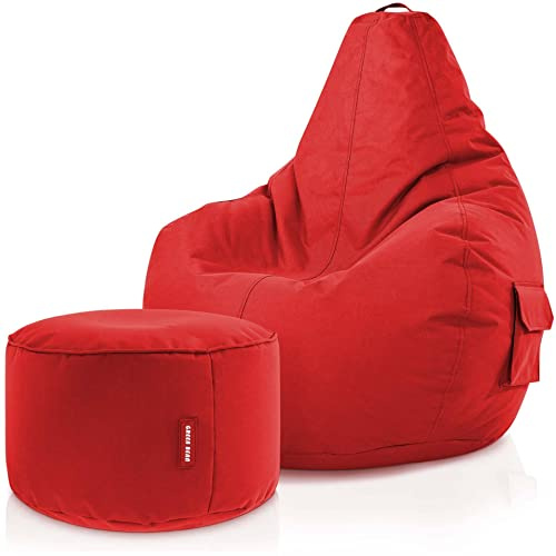 Green Bean 2er Set Sitzsack mit Rückenlehne + Hocker rund - Gaming Chair, EPS-Perlen Füllung, Waschbar, Wetterfest - Gemütlicher Lounge SitzHocker rund für Indoor und Outdoor in Rot