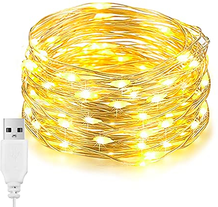 EvaStary Luci a LED, 100 LED USB da 33 piedi, luci a filo d'argento impermeabili, illuminazione decorativa per la camera da letto di Natale, feste in giardino, matrimoni all'aperto (bianco caldo)