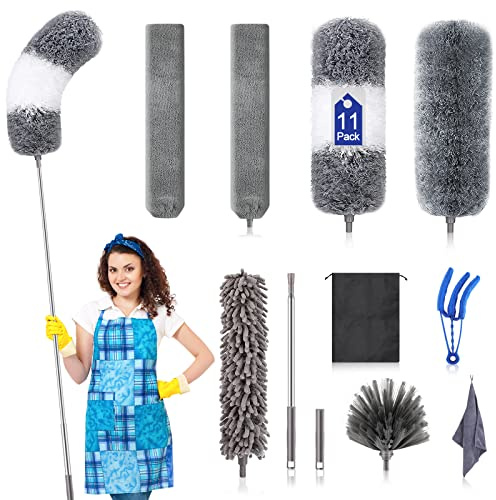 Microfiber Duster Kit (11PCS) - Washable Dusters with Extension Pole (30 to 100 in) for Cleaning Ceilings, Fans, Furniture