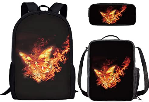 Binienty Rucksack für Kinder Jungen Mädchen Schule Büchertasche mit Lunchbox und Federmäppchen Büchertasche Set für Grundschule, Flamme Feuer Schmetterling, Einheitsgröße