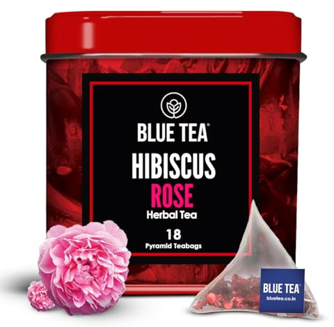 BLUE TEA - Hibiscus Rose Tea - 18 Biodegradable Tea Bags - Plant Based | SKIN GLOW ENHANCING TEA | Tangy Taste | Herbal Tea - Flower Based - Caffeine-free - Non-GMO | Tin Packaging