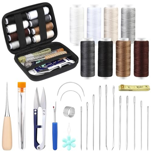 29 Pcs Leather Sewing Thread Kit, Leather Upholstery Repair Kit, Leather Working Tools with Sewing Needles, Curved Needles, Sewing Awl, Seam Ripper, Sewing Kit for Beginners Professionals DIY