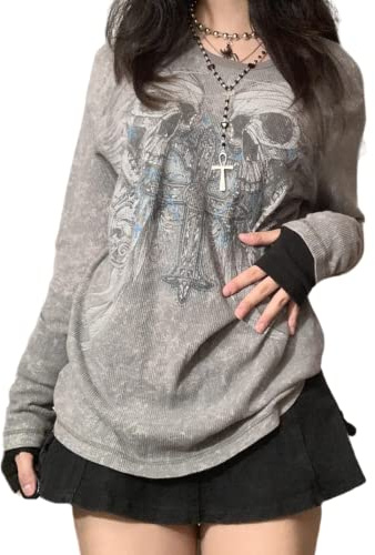 Kvinnor vintage fe grunge randig långärmad skjorta smal passform ficka fram gotisk huvtröjor färgblock tunika toppar, Grå skalle 1, L
