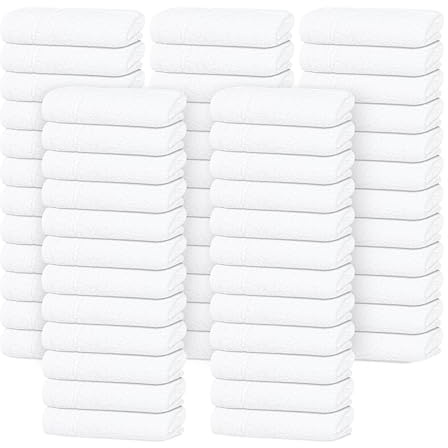 Tens Towels Pack of 60 Washcloths, 12 x 12 Inches, Lighter Weight, Quick to Dry, Super Soft & Absorbent, Gentle Face Towels, Hotel Quality, Perfect for Bathroom, Gym, Spa (White, 60 Pack)
