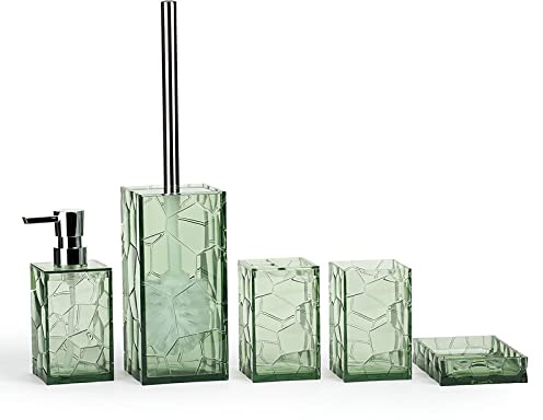 PITRAK 5-teiliges Badezimmer-Accessoires-Set, Acryl-Lotionflaschen mit Glasgefühl, Zahnbürstenhalter, Zahnbecher, Seifenschale, Toilettenbürste, modernes Badezimmer-Set (Grün)