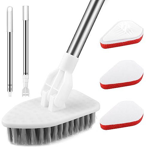 ACEMOOW Tile Cleaner Bathroom Wall, 3 in 1 Multi-section Long Handled Scrubbing Brush with Replaceable Stiff Bristle and Sponge Scourer Tub Scrubber Cleaning Tool Set for Shower, Floor, Bathtub