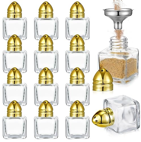 Uiifan 12 Pcs Mini Salt and Pepper Shakers Glass Cube Shape, Gold | 0.5 oz Clear Spice Containers with Funnel, for Wedding Party Restaurant Home Kitchen, Refillable Seasoning Storage Jars