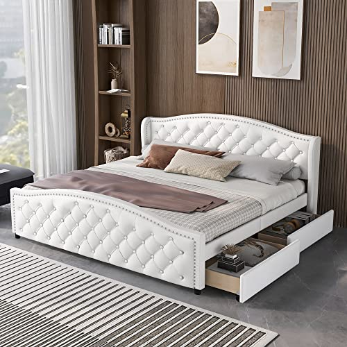 Dolamaní Polsterbett 180 x 200cm, PU Doppelbett mit Schublade & Kopfteil, Bettgestell mit Lattenrost, Holzbett mit Kopfteil, Kiefer massiv, PU, Weiß (180 x 200cm)