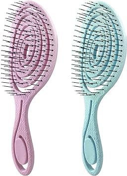 DHinkyoung 2Pcs Hair Detangling Brushes with Bending Bristles, Unique Spiral Hairbrush,Anti Static Hair Straightening Brush Gift, Comfortable Massage Brush for Women Men Wet Dry (Pink+Blue)