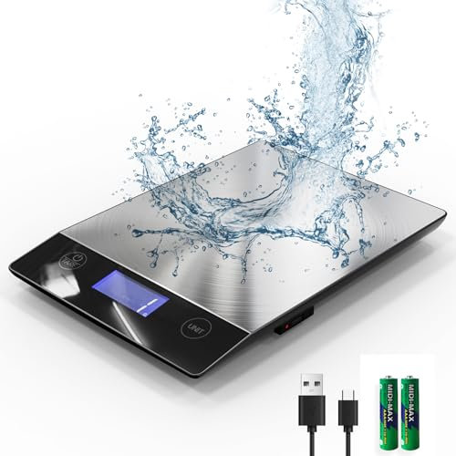 AZC Bilancia da cucina ricaricabile da 250 mAh, 2,8-15 kg, in acciaio inox 304, impermeabile, con batterie e ricarica di tipo C, bilancia alimentare per cucina, display LCD inclinato